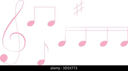 Note musicali di colore rosa. K pop cultura romantica coreana. Set isolato di elementi per la progettazione. Illustrazione Vettoriale
