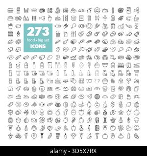 Grande collezione di icone del cibo e delle bevande, tra cui frutta, verdura, carne e dolci. Stile vettoriale del contorno minimo. Perfetto per i menu del ristorante, g Illustrazione Vettoriale