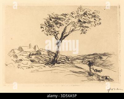 Un dipinto del 1909 di Jean Louis Forain che raffigura il paesaggio intorno a Versailles, mostrando alberi, sentieri, edifici lontani, paesaggi naturali, prospettiva suggestiva e paesaggio francese dell'inizio del XX secolo. Foto Stock