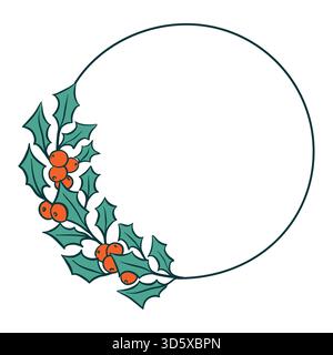 Corona di ramoscelli holly disegnata a mano con foglie e frutti di bosco. Cornice rotonda per le vacanze invernali per biglietti d'auguri, inviti, cartoline. Illustrazione vettoriale isolata Illustrazione Vettoriale