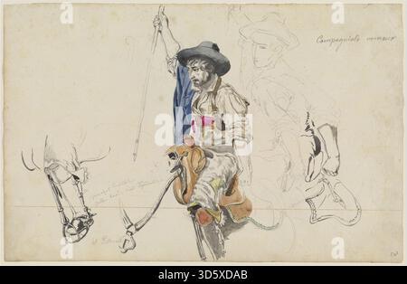 Un disegno di Friedrich Nerly intorno al 1833 intitolato Campagniolo romano, eseguito ad acquerello su grafite su carta posata da un libro di registro (governato in rosso), che mostra una piccola scena campagna romana, parte della collezione Wolfgang Ratjen ora alla Galleria Nazionale d'Arte.:contentReference[oaicite:8]{index=8} Foto Stock