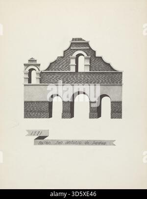 Un acquerello di James Jones che mostra Mision San Antonio de Padova con enfasi sui dettagli architettonici, i cortili e il paesaggio circostante. Il dipinto illustra gli edifici delle missioni americane dell'inizio del XX secolo e il contesto storico. Foto Stock