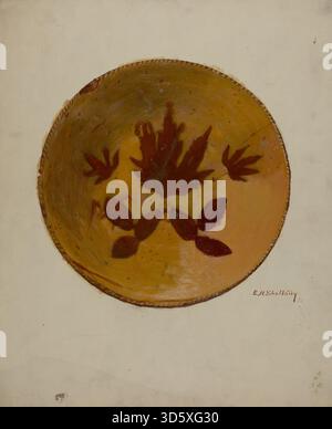 Piatto da torta tedesco della Pennsylvania realizzato da Eugene Shellady nel 1936, realizzato in ceramica con una forma rotonda poco profonda, superficie smaltata e motivi decorativi dipinti, utilizzato per cuocere e servire torte. Foto Stock