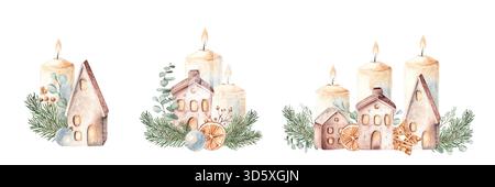 Set di composizioni per l'Avvento di Natale con acquerello. Primo, secondo e terzo Avvento. Candele con case in ceramica nei rami di Fir e eucalipto. Fetta arancione Foto Stock