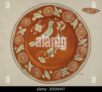 Un piatto tedesco della Pennsylvania prodotto da Margaret Stottlemeyer intorno al 1936, costruito in ceramica e con motivi decorativi tradizionali. Riflette gli oggetti per il servizio da tavola domestici del periodo. Foto Stock
