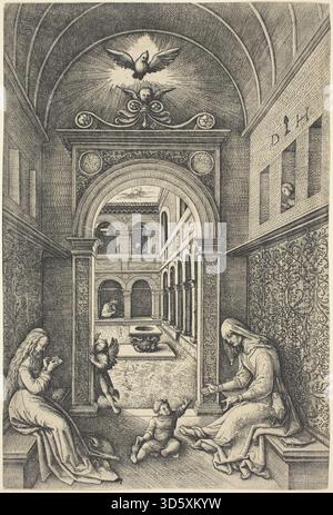 Questa stampa di Daniel Hopfer mostra la Vergine Maria che tiene il bambino Cristo, accompagnata da Sant'Anna, in piedi accanto ad un portale o ad una porta, il tutto realizzato in un'incisione su lastre di ferro con contorni chiari e modeste modellazioni, su un semplice sfondo per enfatizzare le figure e il loro gruppo relazionale. Foto Stock