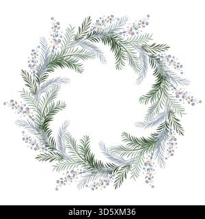 Corona di Natale in acquerello fatta di rami di pino e abete rosso. Cornice circolare per le feste per scheda, modello o poster. Illustrazione isolata per la d. Inverno Foto Stock
