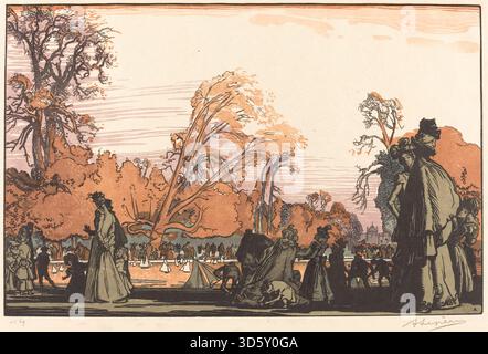 Mostra lo stagno nel giardino delle Tuileries, con riflessi d'acqua, alberi circostanti, sentieri e visitatori, illustrando il design del paesaggio parigino nella Francia del tardo XIX secolo. Foto Stock