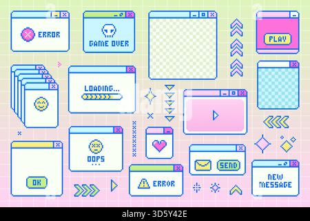 Collezione rétro di finestre Pixel Art. Stile Y2K. Illustrazione Vettoriale