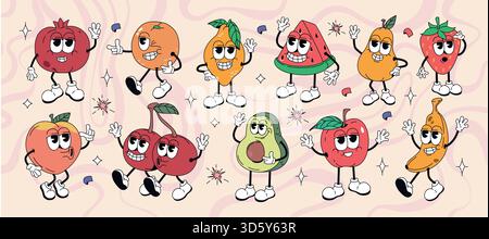 Set vettoriale di vivaci personaggi hippie in stile retrò. Cartoni animati adesivi estivi, funky comico doodle Cherry, limone, fragola, avocado, banana, pesca, anguria, pera con facce espressive. Illustrazione Vettoriale