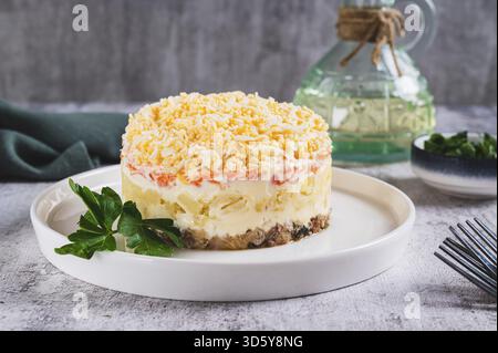 Insalata tradizionale a strati con pesce in scatola su un piatto sul tavolo Foto Stock