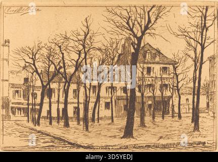 Questa opera di Auguste Delâtre raffigura Place du Tertre a Montmartre, Parigi, mostrando la disposizione della piazza, gli edifici circostanti, le bancarelle di artisti e i visitatori. Illustra uno spazio urbano storico e un'attività culturale. Foto Stock