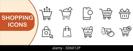 Icone dello shopping minimalista con carrelli, borse, acquisti mobili, confezione regalo, clic del puntatore, e simboli di percentuale, concetto di shopping online Illustrazione Vettoriale