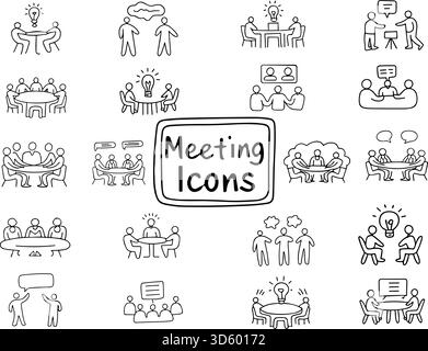 Set di icone per riunioni in bianco e nero con tavoli da lavoro di squadra, bolle di voce, lampadine e scene di collaborazione, concetto di discussione di squadra Illustrazione Vettoriale