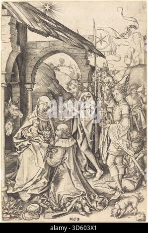 Questa incisione di Martin Schongauer del 1470–1475 circa raffigura l'Adorazione dei Magi, enfatizzando figure religiose, composizione, gesti, tendaggi, prospettiva ed elementi stilistici del Rinascimento settentrionale. Foto Stock