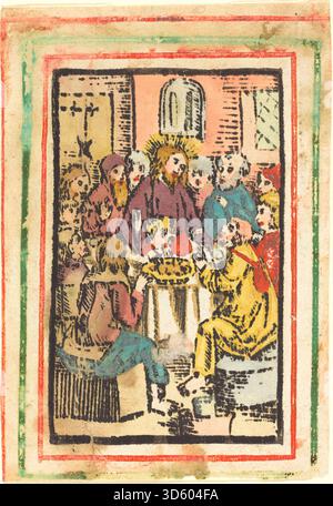 Un dipinto tedesco del XV secolo del 1480-1500, che rappresenta l'ultima cena, raffigurante Gesù Cristo e i dodici apostoli a tavola. L'opera presenta dettagli stilistici gotici, narrazione religiosa e attenta rappresentazione di gesti ed espressioni. Foto Stock