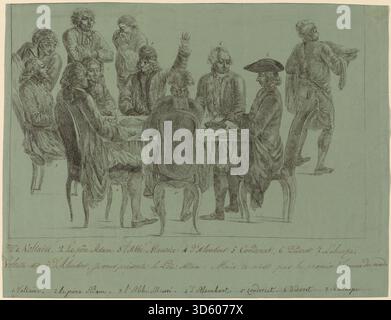 Un dipinto del XVIII secolo francese, dopo Jean Huber, raffigurante un gruppo di filosofi seduti intorno a un tavolo impegnati in una conversazione durante un pasto, evidenziando l'interazione sociale e l'abbigliamento del periodo. Foto Stock