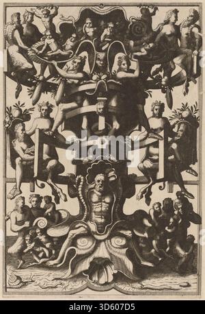 Un disegno inciso del 1557 di Cornelis Floris II che illustra ornamenti grotteschi, caratterizzati da intricati motivi floreali, animali e fantasiosi, destinati alla decorazione architettonica. Foto Stock