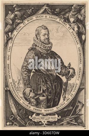 Stampa di Hendrik Goltzius, probabilmente nel 1589, che mostra Jacques de la Faille in una vista di tre quarti con attenzione all'espressione del viso, alle pieghe di abbigliamento e ai dettagli del Rinascimento settentrionale. Foto Stock