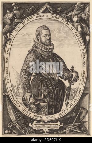 Incisione di Hendrik Goltzius, probabilmente nel 1589, raffigurante Jacques de la Faille con dettagli facciali, abbigliamento e ombreggiature lineari tipiche della ritrattistica del tardo XVI secolo. Foto Stock