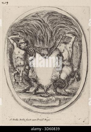 Un'incisione di Stefano della bella del 1647 che mostra un cartiglio sotto forma di tigre floreale sostenuto da centauri, con rendering anatomico dettagliato, composizione barocca ed elementi simbolici. Foto Stock