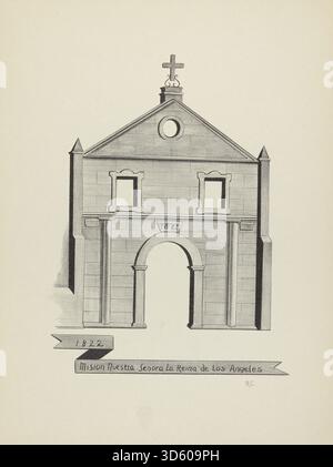 Un acquerello di James Jones che mostra Mision Nuestra Senora la Reina de Los Angeles con enfasi sulle caratteristiche architettoniche, i cortili e il paesaggio circostante. L'opera illustra gli edifici delle missioni americane dell'inizio del XX secolo e il loro contesto storico. Foto Stock