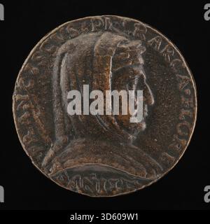 Un'opera d'arte fiorentina del XV secolo circa 1500 raffigurante Francesco Petrarca di Arezzo (1304-1374) sul dritto, che mostra il poeta con abbigliamento dettagliato, tratti facciali ed elementi simbolici tipici della ritrattistica rinascimentale. Foto Stock