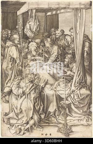 Incisione duplicata "morte della Vergine" di Martin Schongauer, circa 1470-1475, che mostra Maria circondata da apostoli con drappeggi dettagliati, gesti ed espressioni facciali. Foto Stock