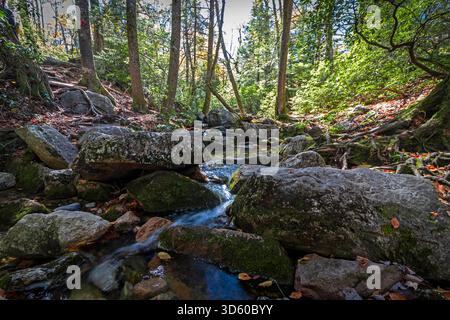 A metà strada sul sentiero del monte Millbrook nel Minnewaska State Park, in un pomeriggio autunnale, le cascate Coxing Kill lungo grandi rocce Foto Stock