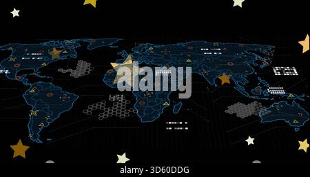 Rendering di una mappa del mondo stilizzata sul dashboard della griglia scura, che mostra cluster esadecimali, target e icone di attenzione Foto Stock