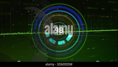 Visualizzazione degli impulsi HUD circolari centrali sul dashboard futuro, con visualizzazione del 98% e degli archi segmentati Foto Stock