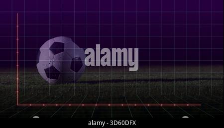 Palla da calcio a riposo e rigata che proietta l'ombra sul prato di notte, con griglia 3D e asce rosse Foto Stock