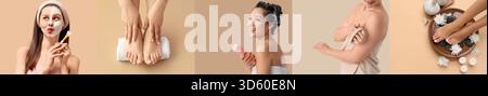 Collage di giovani donne con prodotti cosmetici su sfondo beige Foto Stock
