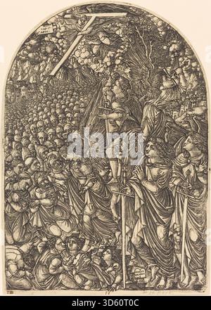 Questa stampa di Jean Duvet, del periodo 1546-1556, ritrae quattro angeli che frenano i venti, una scena tratta dalla sua serie ispirata all'Apocalisse. Gli angeli appaiono sospesi nello spazio, tenendo in mano strumenti simbolici e formando una composizione altamente ornata tipica del suo lavoro. Museo d'arte di Cleveland+1 Foto Stock