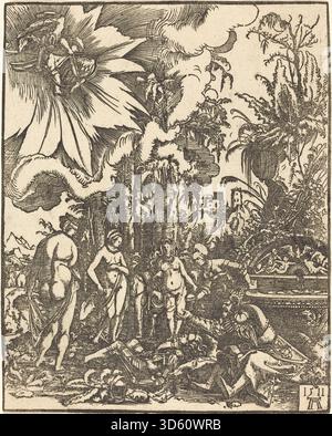 Questo dipinto del 1511 di Albrecht Altdorfer raffigura Parigi a giudicare le dee Afrodite, era e Atena. L'opera mostra figure dettagliate, gesti, abbigliamento, elementi paesaggistici e composizione del Rinascimento settentrionale. Foto Stock
