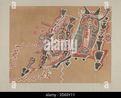 L'opera di Lala Eve Rivol del 1935-1942 raffigura incisioni rupestri con figure, modelli e disegni simbolici o astratti, che riflettono l'antica espressione culturale o artistica. Foto Stock