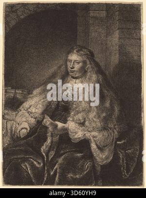 Il dipinto di Rembrandt van Rijn del 1635 "la grande sposa ebraica" raffigura una coppia, enfatizzando espressioni, abiti, mani e gesti affettuosi. L'olio sul pannello riflette la ritrattistica barocca olandese del XVII secolo e la padronanza della luce, della consistenza e della presenza psicologica. Foto Stock