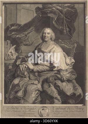 Un'incisione del 1730 di Pierre Drevet su Hyacinthe Rigaud raffigurante il cardinale André Hercules de Fleury in abbigliamento ecclesiastico, catturando le convenzioni dei ritratti barocchi e le dettagliate regalie. Foto Stock