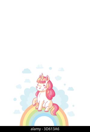 L'affascinante unicorno è seduto tranquillamente su un arcobaleno vibrante, circondato da soffici nuvole, creando una scena magica e stravagante. Illustrazione vettoriale Illustrazione Vettoriale