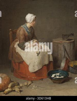 Questo dipinto del 1738 di Jean Siméon Chardin raffigura una cameriera che esegue compiti domestici. L'opera enfatizza postura, attività, interni domestici e abbigliamento, illustrando la pittura di genere francese della metà del XVIII secolo. Foto Stock