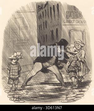 Litografia di Honoré Daumier, 1851–1852, intitolata "c'est bête d'avoir en hiver, des", raffigurante figure in una scena domestica invernale con gesti esagerati, illustrando la stampa satirica francese del XIX secolo e il commento sociale. Foto Stock