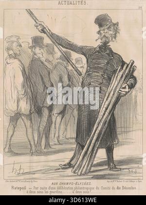 Questa litografia del 1851 di Honoré Daumier intitolata "Aux Champs-Elysées, Ratapoil" raffigura la satira politica a Parigi, mostrando figure negli spazi pubblici, espressioni caricaturate e paesaggi urbani, riflettendo il commento sociale francese del XIX secolo. Foto Stock