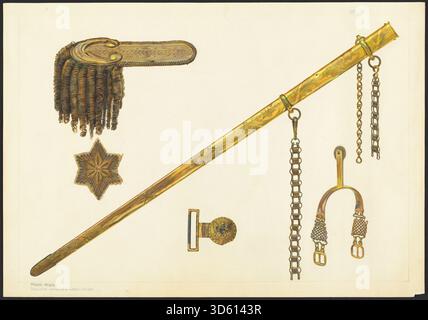 Collezione di accessori in uniforme realizzati da Frank M. Keane tra il 1935 e il 1942, tra cui bottoni, badge, cinture e altri componenti utilizzati per abbigliamento e uniformi militari o organizzative. Foto Stock