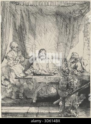 Cristo ad Emmaus: La placca più grande è un'incisione del 1654 di Rembrandt van Rijn che raffigura Cristo che si rivela ai discepoli durante un pasto. Il lavoro enfatizza figure, gesti, prospettiva spaziale e interazione di luce e ombra. Foto Stock