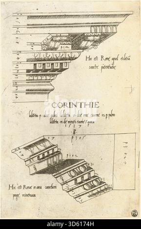 Un disegno del 1537 del Maestro PS raffigurante entablature di Santa Pudenziana e dell'Arco di Camigliano a Roma, che mostra colonne, fregi, cornici e dettagli architettonici classici romani. Foto Stock