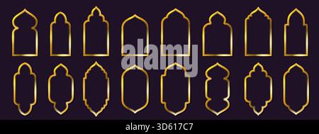 Semplici cornici arabe dorate. Finestra di architettura islamica, porta orientale e forme ad arco ispirate alla linea decorativa lucida dei bordi delle finestre arabe, fra oro Illustrazione Vettoriale