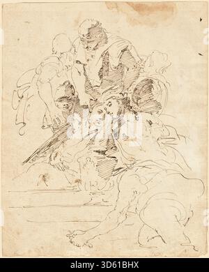 Un dipinto ad olio di Giovanni Battista Tiepolo, realizzato tra il 1724 e il 1729, raffigurante figure classiche riunite intorno a un'urna centrale. La composizione presenta indumenti drappeggiati, pose equilibrate ed elementi di stile barocco che enfatizzano il movimento e i gesti drammatici. Foto Stock