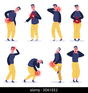 Il carattere maschile nel dolore. Uomo che soffre di dolore, mal di testa, mal di schiena e mal di stomaco. Serie di illustrazioni vettoriali per zone dolorose. Emicrania, Illustrazione Vettoriale