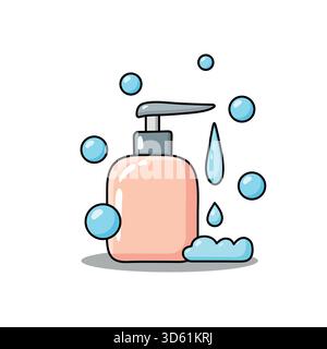 Graziosa illustrazione vettoriale in stile doodle di un dispenser di sapone con bolle, gocce e schiuma. Igiene pulita e lavaggio delle mani in un moderno outli dei fumetti Illustrazione Vettoriale