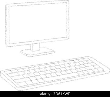 Un monitor per computer su supporto con tastiera di dimensioni standard con linee tratteggiate per layout a tema tecnico Illustrazione Vettoriale